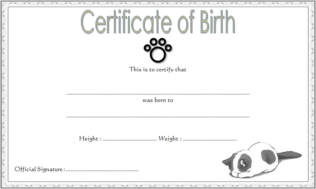 Cat Birth Certificate Template FREE Printable 4th Design Two Package Template