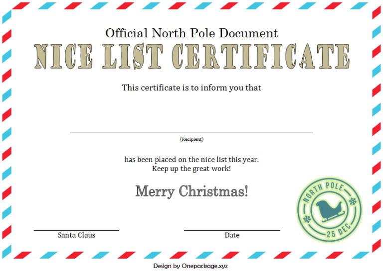 Nice List Certificate Template Free Printable 1 Two Package Template