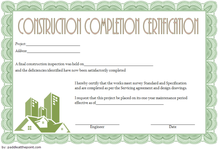 Certificate Of Completion Contractor Template