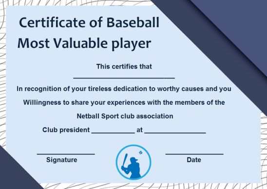Baseball MVP Certificate Template (2nd Free Printable Format) baseball award certificate template, baseball mvp certificate template, baseball certificate of achievement, baseball achievement certificates, free printable baseball award certificates, baseball team award certificate, free printable baseball certificate template, baseball certificate template word