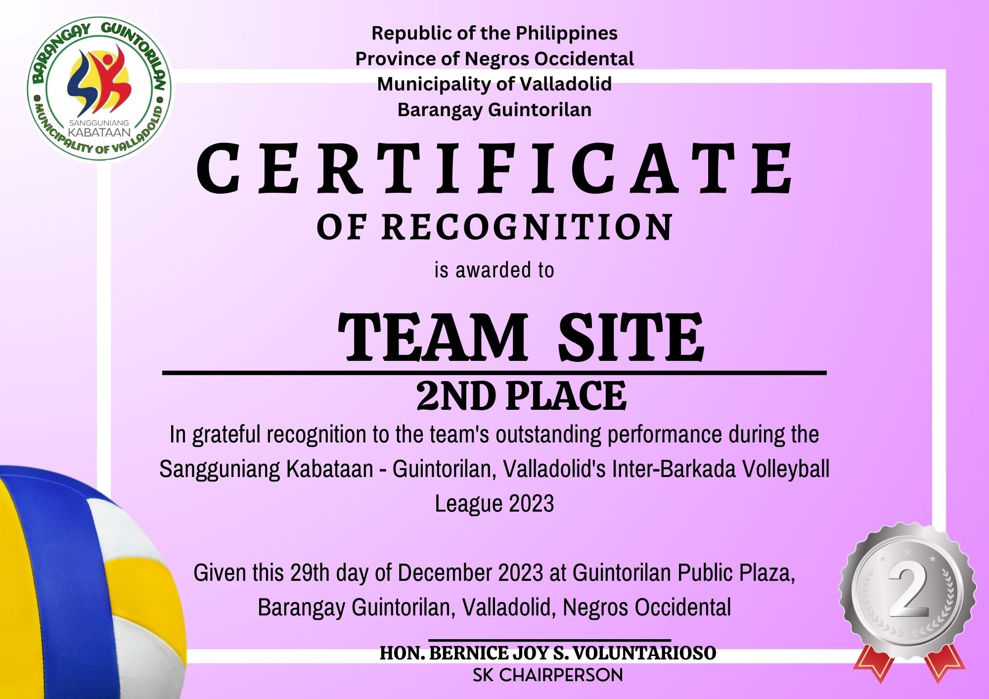 Certificate of Recognition Volleyball League (3rd Free Best Sample) volleyball tournament certificate, volleyball champion certificate template, volleyball championship certificate, certificate of recognition volleyball league, volleyball participation certificate template, volleyball certificate template free download, volleyball certificate template word