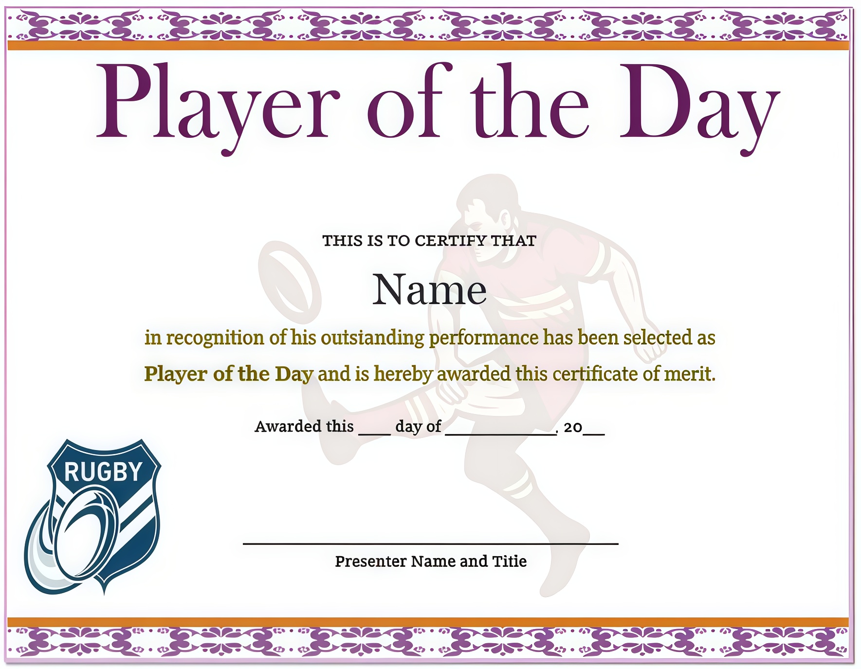Rugby Player of The Day Certificate Template (2nd Free League Design) rugby award certificate template free, football mvp certificate template, rugby achievement certificate template, rugby player of the day certificate template, rugby player of the match certificate, rugby certificate template, football certificate template free download, free printable rugby certificates