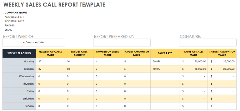 Weekly Sales Call Report Template (1st Free Excel Format) | Two Package ...