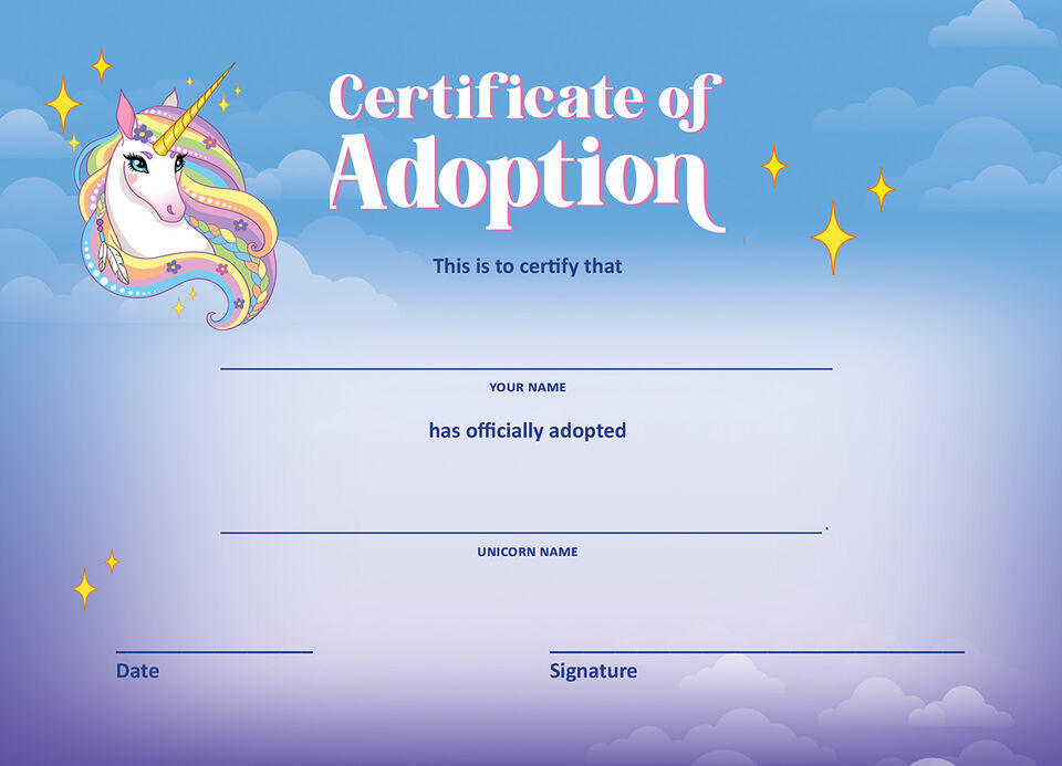 Unicorn Adoption Certificate Free Printable (2nd New Template Design) horse adoption certificate template, horse adoption contract template, unicorn adoption certificate, free printable adoption certificate template, funny horse certificate of adoption, pony adoption certificate template, pet adoption certificate template, animal adoption certificate template