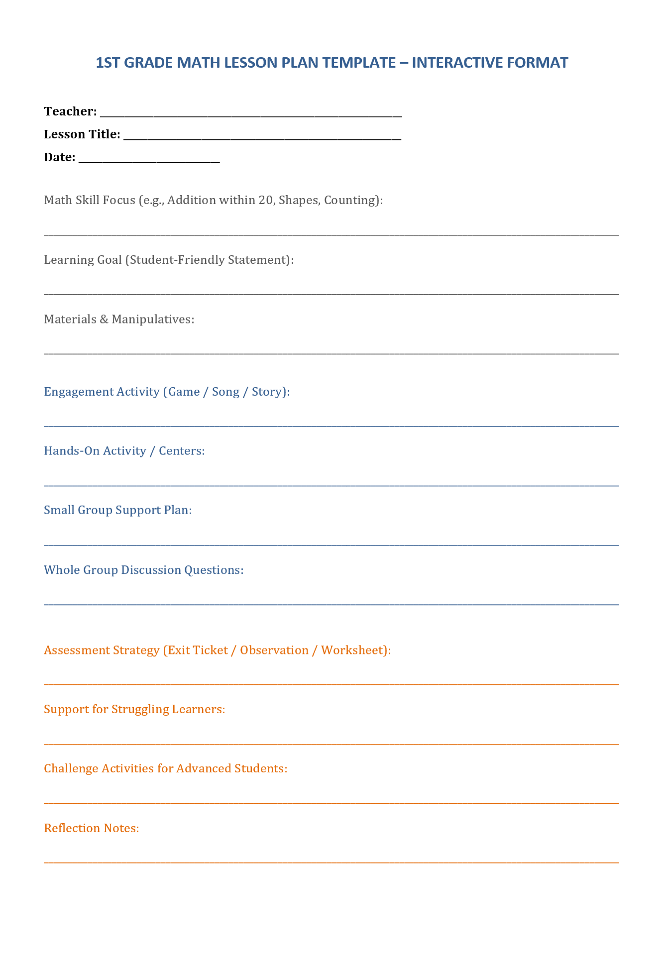 1st Grade Math Lesson Plan Template (Interactive Format) math lesson plan template, maths lesson plan template, mathematics lesson plan template, 1st grade math lesson plan template, middle school math lesson plan template, math teacher lesson plan template, math lesson plan example, free maths lesson plan template