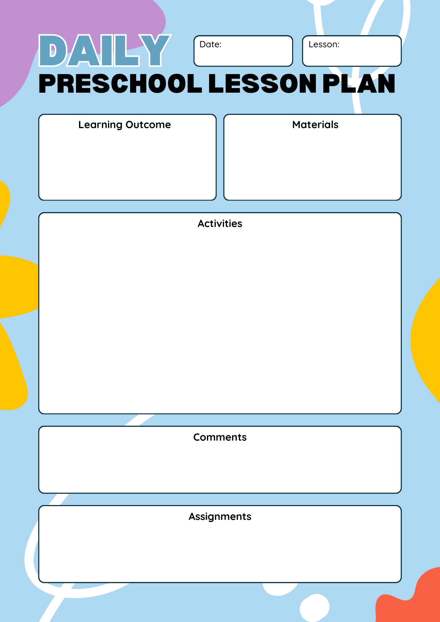 Preschool Daily Lesson Plan Template (1st Free Customizable Design) free preschool lesson plan template, preschool monthly lesson plan template, preschool weekly lesson plan template, preschool daily lesson plan template, preschool toddler lesson plan template, preschool teacher lesson plan template, free lesson plan preschool printable, free printable preschool lesson planning, 3 year old preschool lesson plans pdf