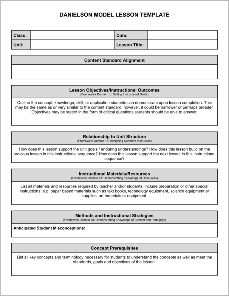 Danielson Model Lesson Plan Template (Best Sample) | Two Package Template