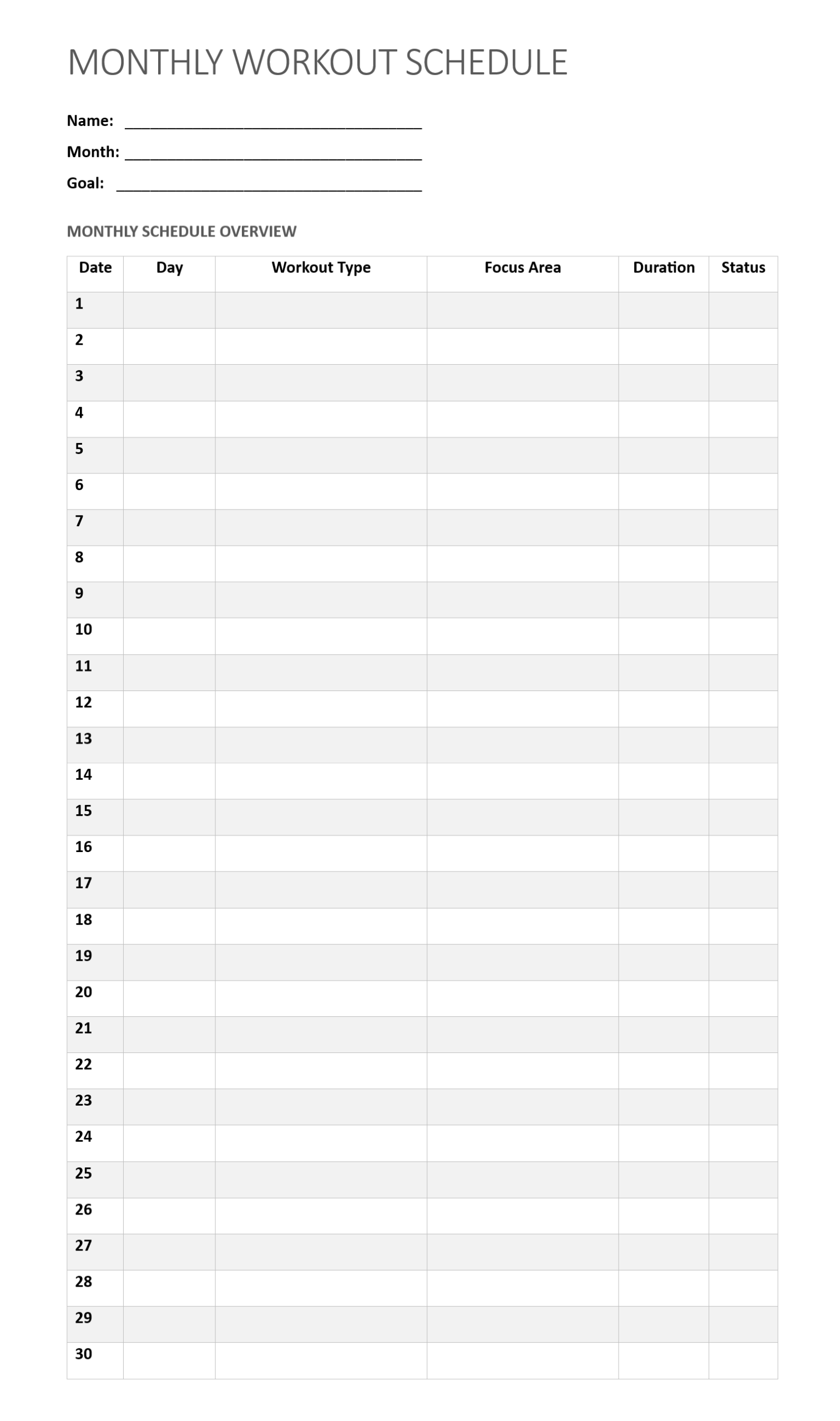 Monthly Workout Schedule Template (2nd Free Editable Design) monthly workout plan template, monthly workout planner template, monthly workout schedule template, monthly workout plan for weight loss, monthly workout plan for men, monthly workout plan for women, monthly workout plan at home, free printable monthly workout planner, monthly workout tracker printable free